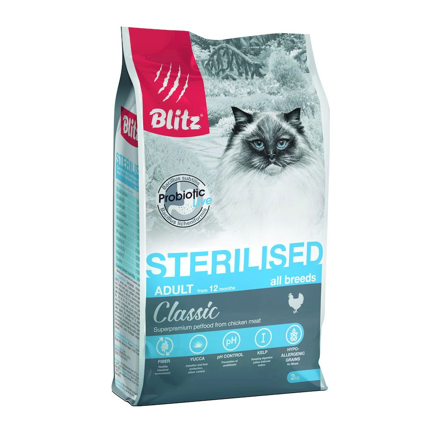 Blitz Classic Sterilised Cat Chicken полнорационный сухой корм для  стерилизованных кошек, с курицей - 2 кг